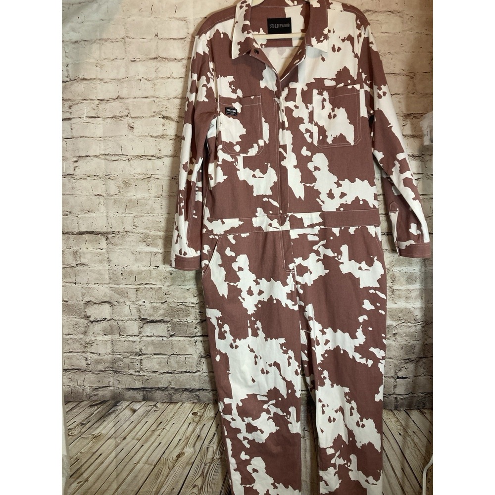 Wildfang Essential Coverall Jumpsuit XL Brown Cow Print Utility Pockets Mens L